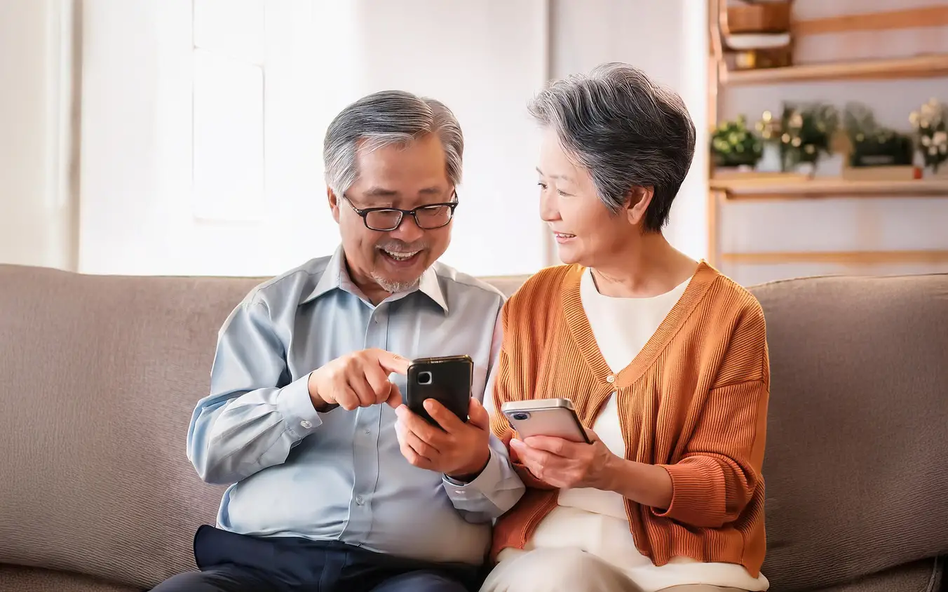 ソファに座ってスマートフォンを見ながら相談内容を確認するご夫婦